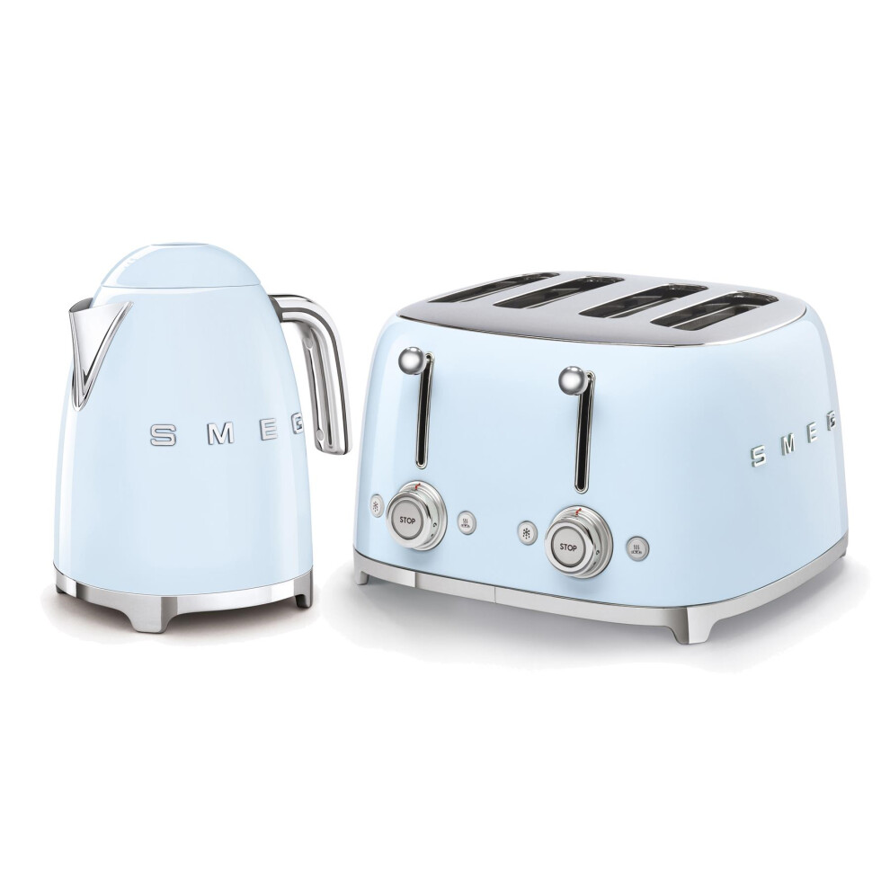 Smeg 50s Style Retro Range Breakfast Set, 1.7L 3000W Kettle and Multi-Functional Control 4-Slice 2000W Toaster, Pastel Blue, KLF03PBUK/ TSF03PBUK