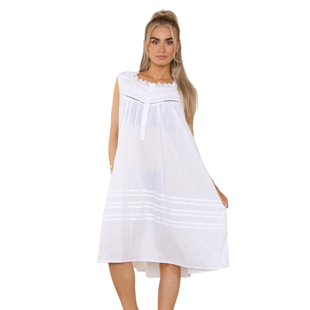 (White, M) Malay Ladies Sleeveless Nightdress 100% Cotton Victorian Design Buttons Lace Nighty