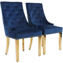 (Set of 2 Chairs, Blue With Gold Legs) Luxury Lion Knocker Velvet Dining Chairs Padded Gold/Silver Legs
