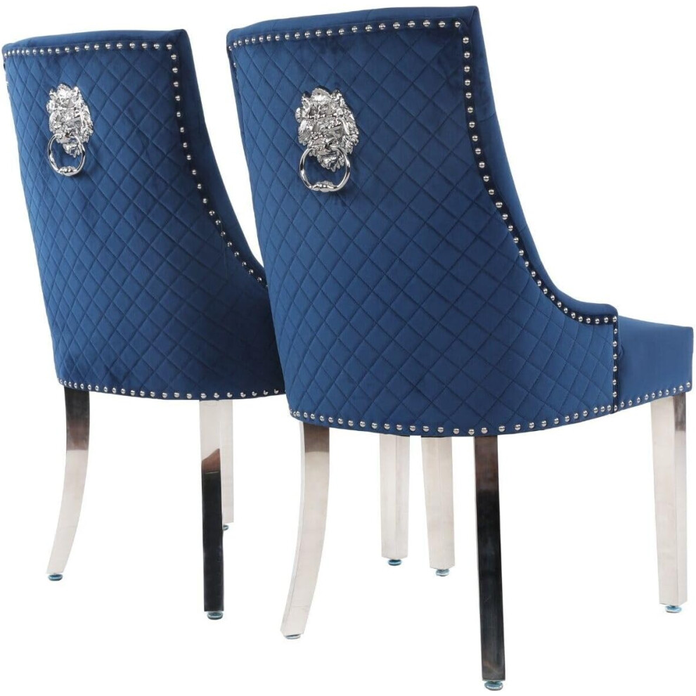 (Set of 2 Chairs, Blue With Chrome Legs) Luxury Lion Knocker Velvet Dining Chairs Padded Gold/Silver Legs