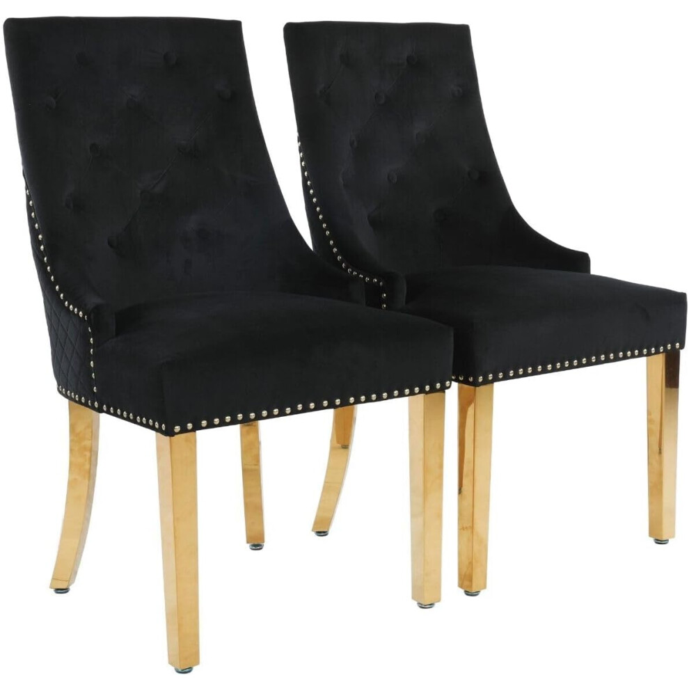 (Set of 2 Chairs, Black With Gold Legs) Luxury Lion Knocker Velvet Dining Chairs Padded Gold/Silver Legs