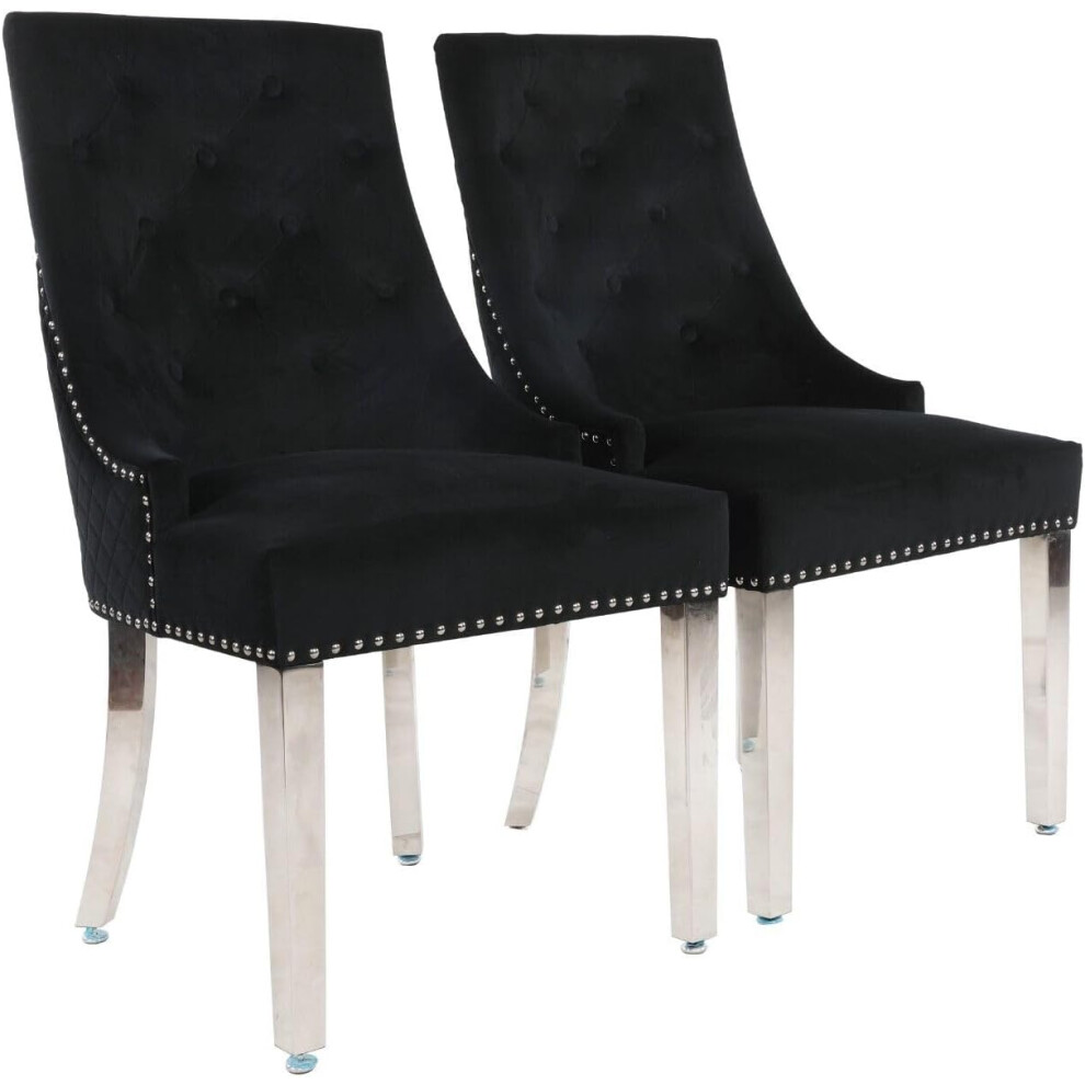 (Set of 2 Chairs, Black With Chrome Legs) Luxury Lion Knocker Velvet Dining Chairs Padded Gold/Silver Legs