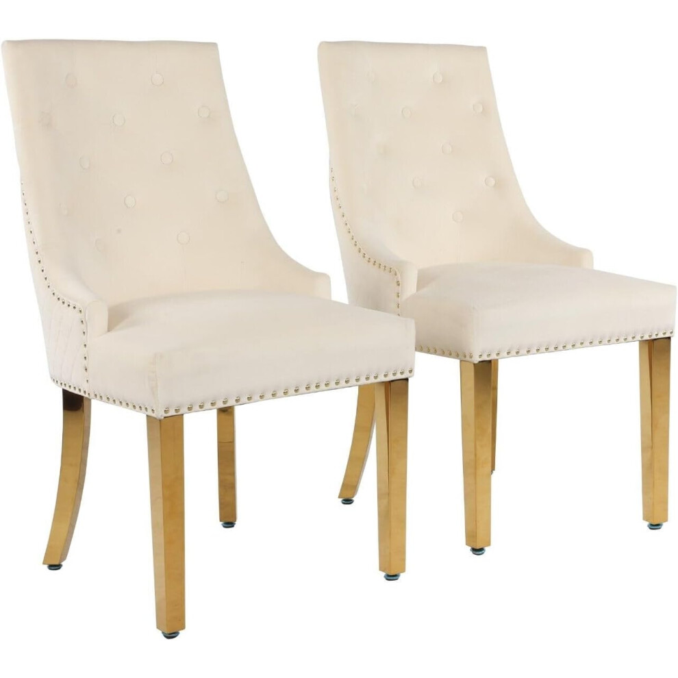 (Set of 2 Chairs, Cream With Gold Legs) Luxury Lion Knocker Velvet Dining Chairs Padded Gold/Silver Legs