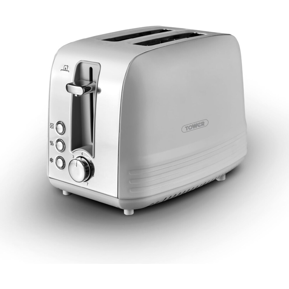 2 Slice Toaster Grey Matt Tower Ash Kitchen Stylish Defrost Cancel Reheat 925W