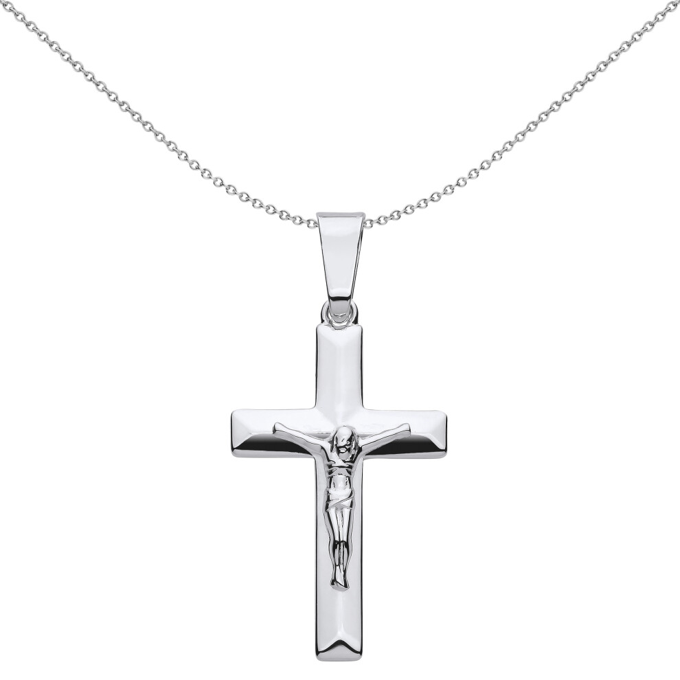 Jewelco London Unisex Rhodium Plated Sterling Silver Flat Prism Bevelled Crucifix Cross Pendant Necklace 18 inch - GVX097