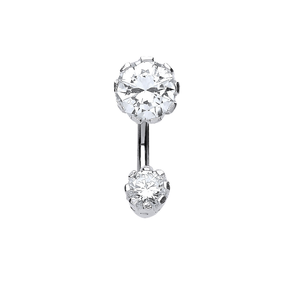 Jewelco London Sterling Silver Cubic Zirconia Lil n Large Solitaire Banana Belly Bar - GBB47