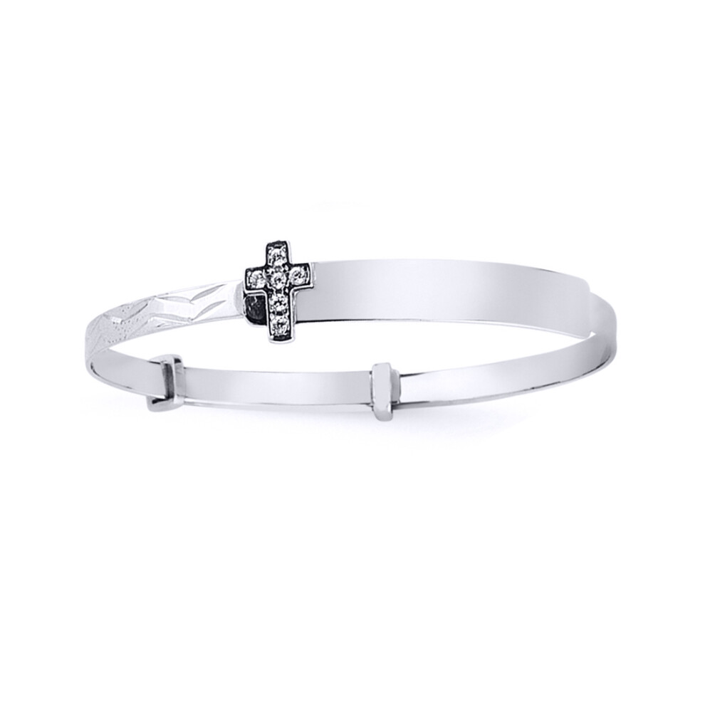 Jewelco London Kids Sterling Silver Cubic Zirconia Cross Expanding ID Baby Bangle Bracelet - BN49