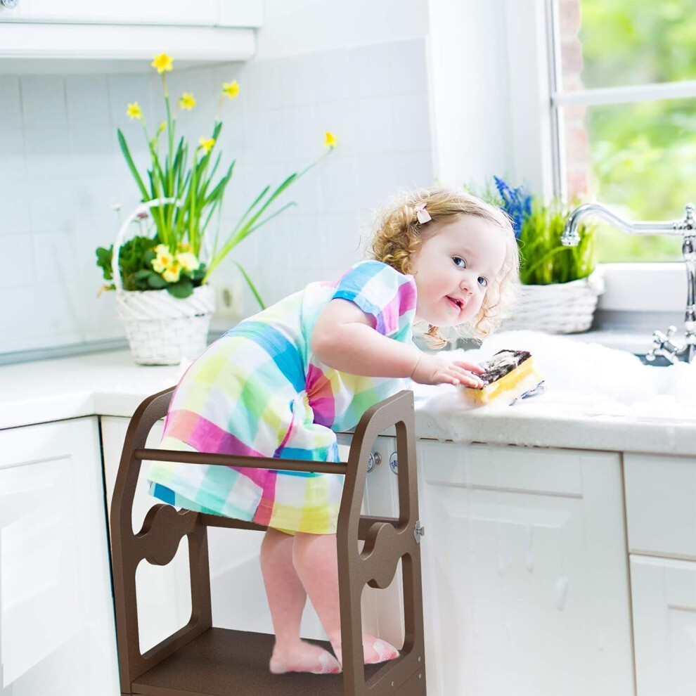 (Brown) 2 in 1 Kids Children Kitchen Step Stool Helper with Safety Rail Learning Tower
