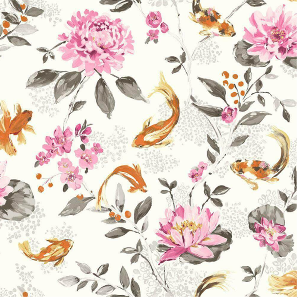 White Pink Floral Wallpaper Koi Carp Fish Water Lilies Metallic Paste The Wall 5022976986817