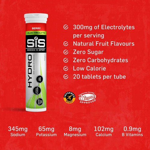 Science In Sport Hydro Hydration Tablets Gluten Free Zero Sugar Berry Flavour Plus Electrolytes 20 Effervescent Tablets 2