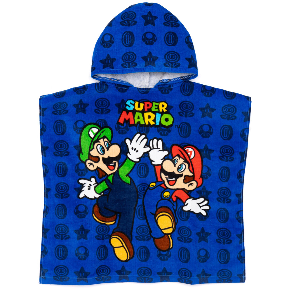 Nintendo Super Mario Poncho Towel For Kids - 100% Cotton Official Licensed Merchandise With Mario & Luigi Power-Ups Blue