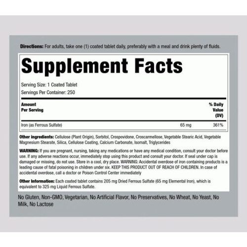 PIPING ROCK Iron Ferrous Sulfate, 65 mg, 250 Tablets, Vegetarian 1