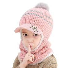 (Pink) Kids Balaclava Cap Scarf Fleece Cap Pom Ski Beanie Hats