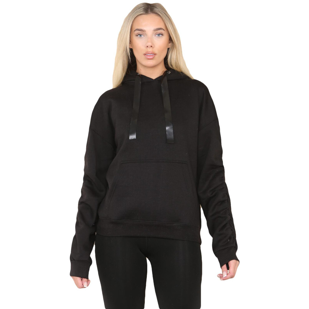 (Black, S/M) Womens Ruched sleeves Jumper Oversized Sweatshirt