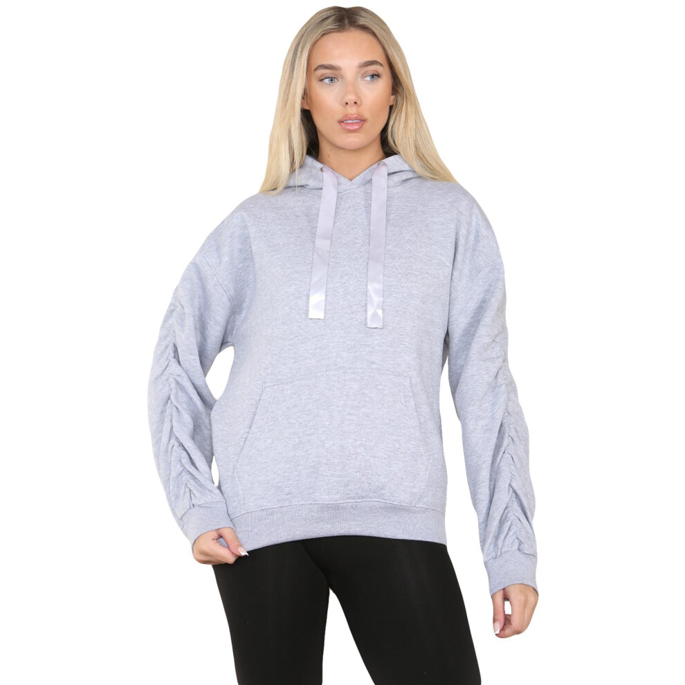 (Grey, S/M) Womens Ruched sleeves Jumper Oversized Sweatshirt