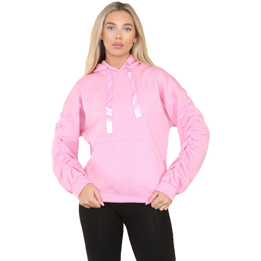 (Pink, S/M) Womens Ruched sleeves Jumper Oversized Sweatshirt