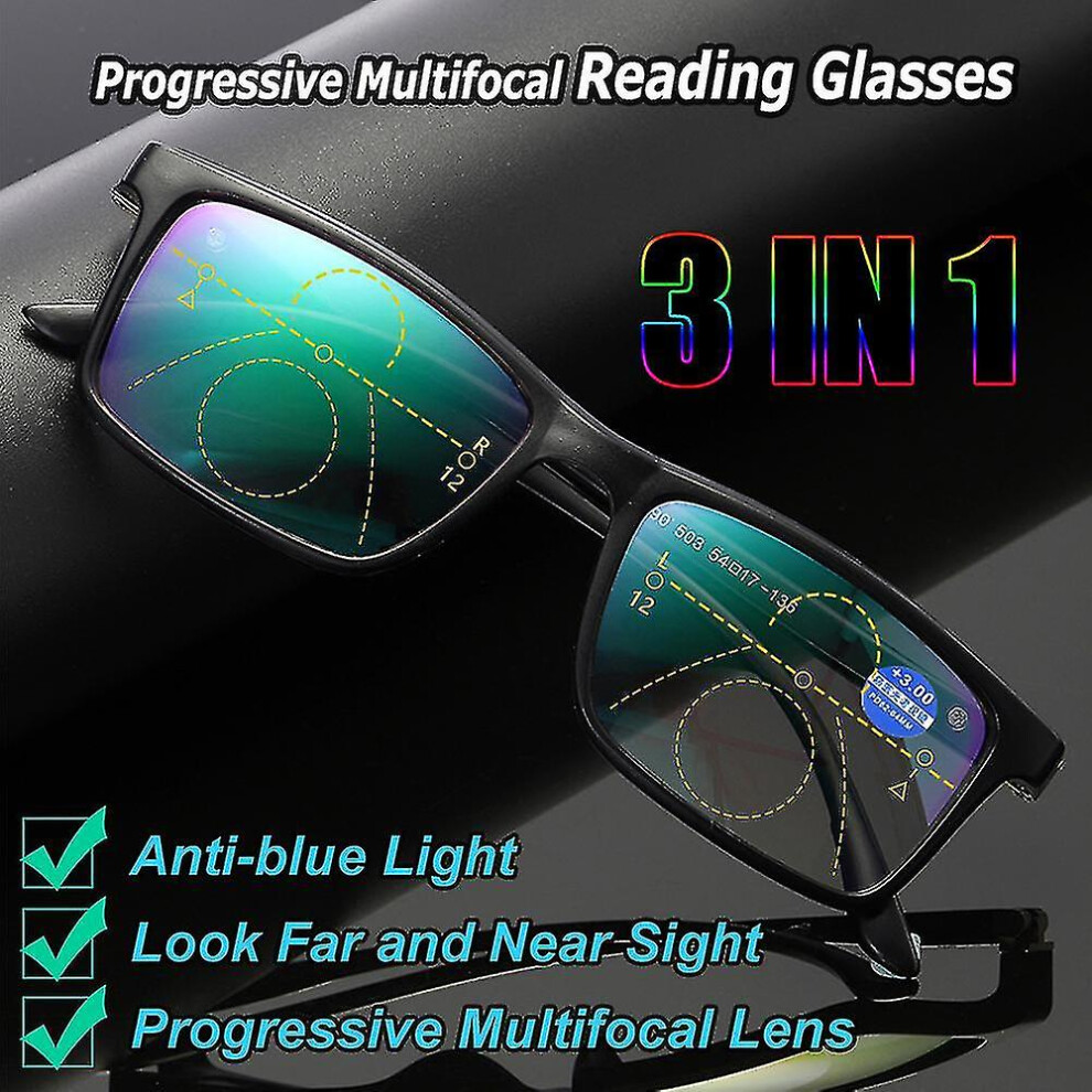 Blue/Light (Strength 3.00) Progressive Bifocals Reading Glasses Anti Presbyopia Eyeglasses Near