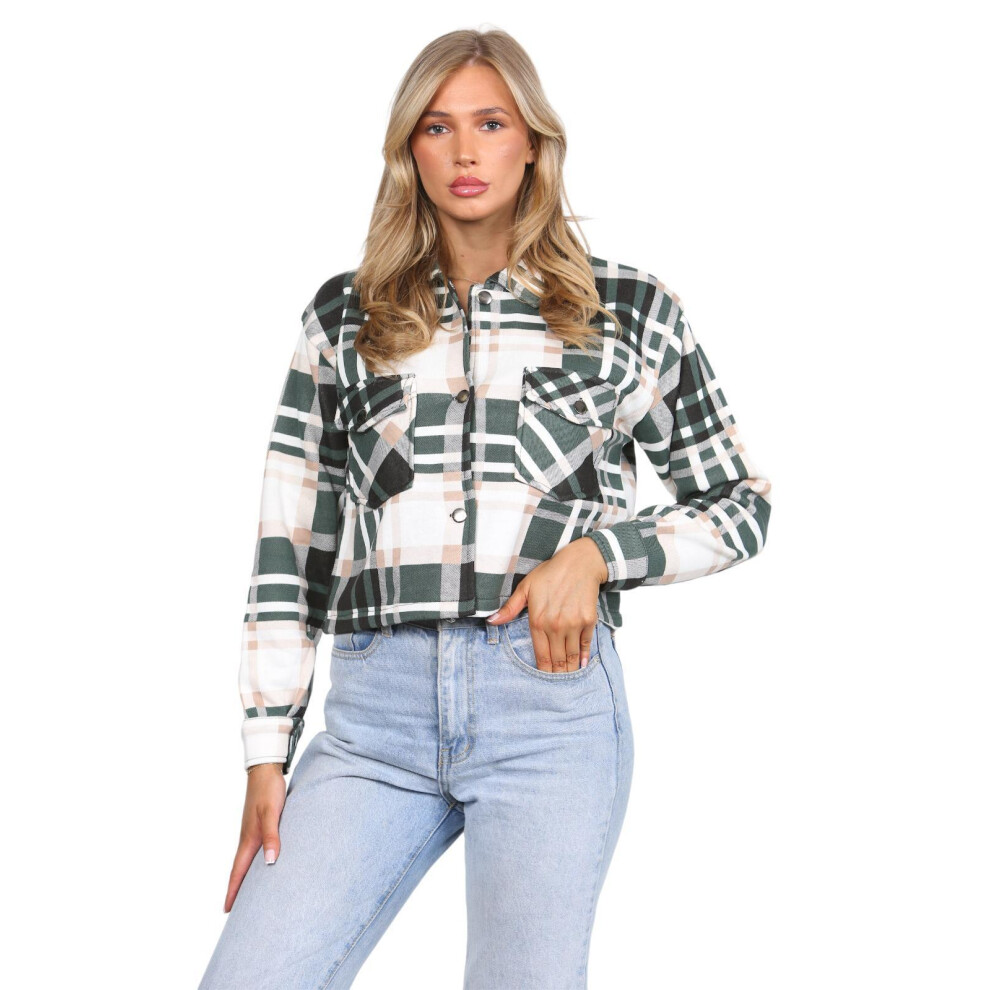 (Green, UK 8) Ladies Checked Jacket Casual Button Front Shirt