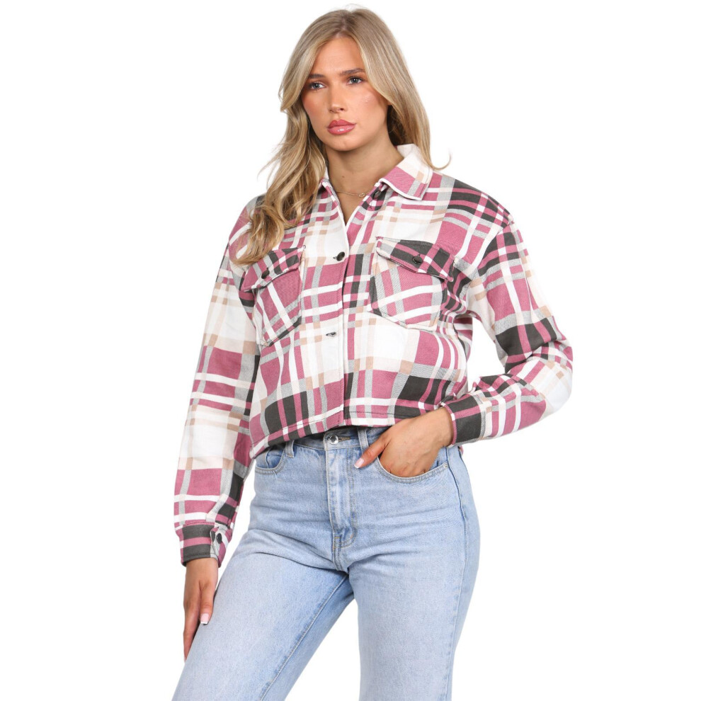 (Pink, UK 8) Ladies Checked Jacket Casual Button Front Shirt