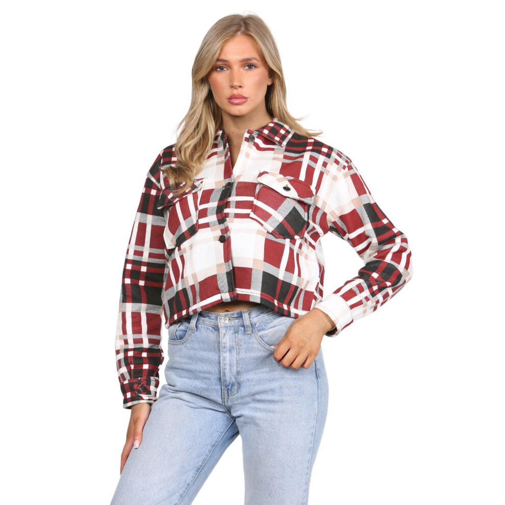 (Red, UK 10) Ladies Checked Jacket Casual Button Front Shirt