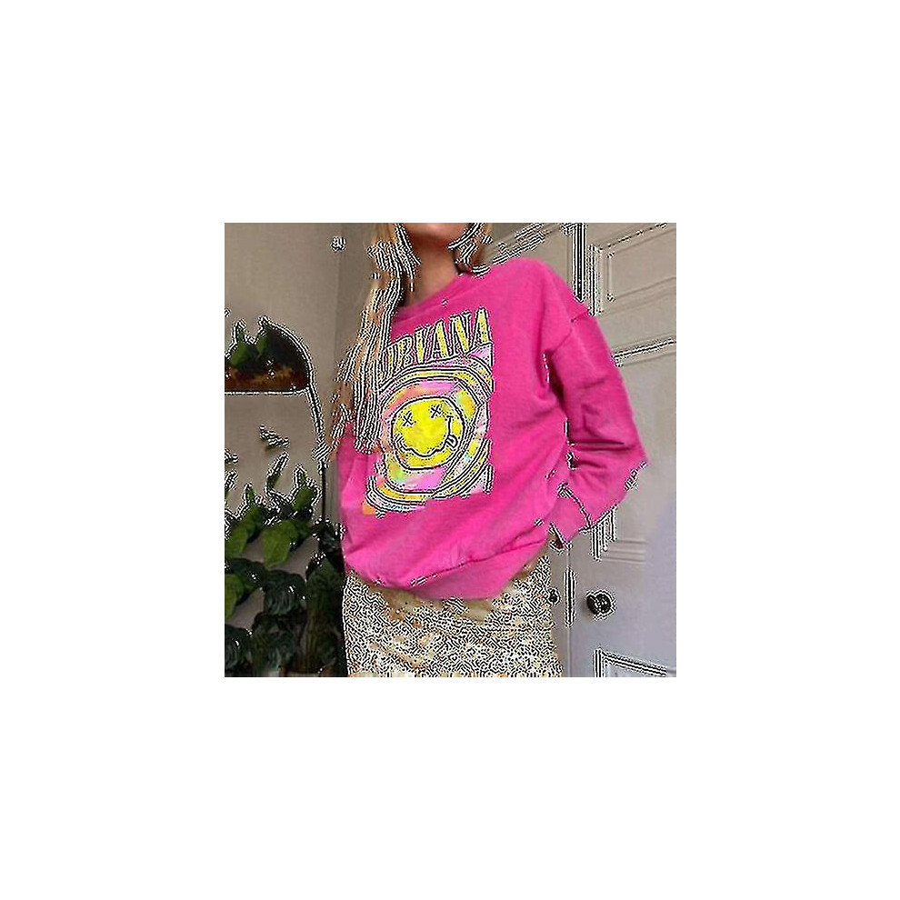 (Pink, 2XL) Nirvana Smiley Face Crewneck Sweatshirt Heliconia Color Nirvana Sweatshirt Gift