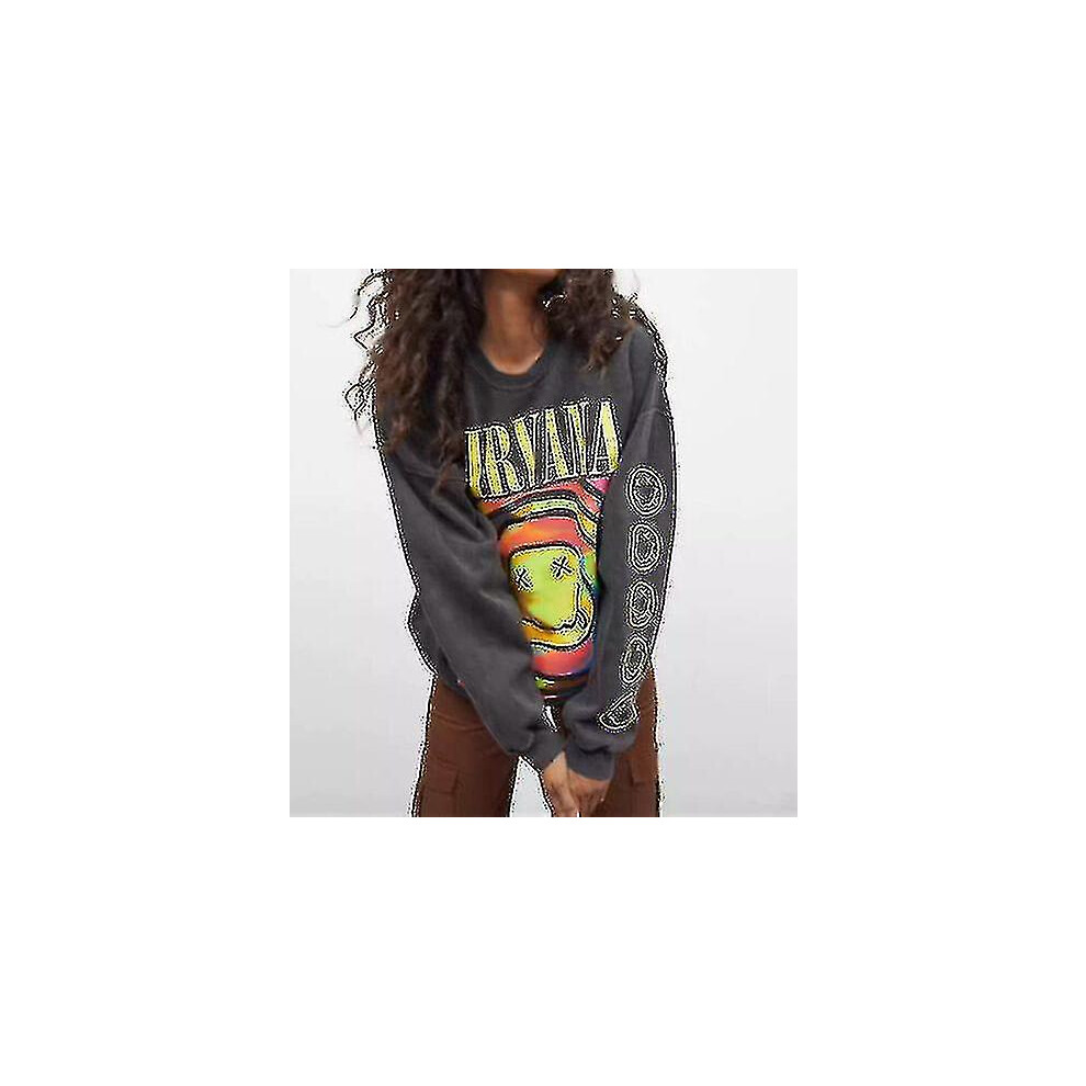(, M) Nirvana Smiley Face Crewneck Sweatshirt Heliconia Color Nirvana Sweatshirt Gift Grey