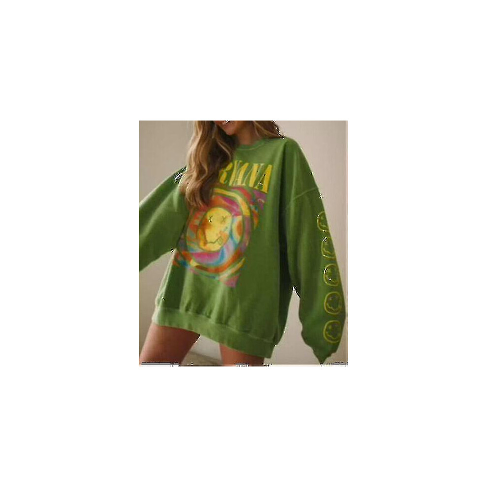 (Green, L) Nirvana Smiley Face Crewneck Sweatshirt Heliconia Color Nirvana Sweatshirt Gift