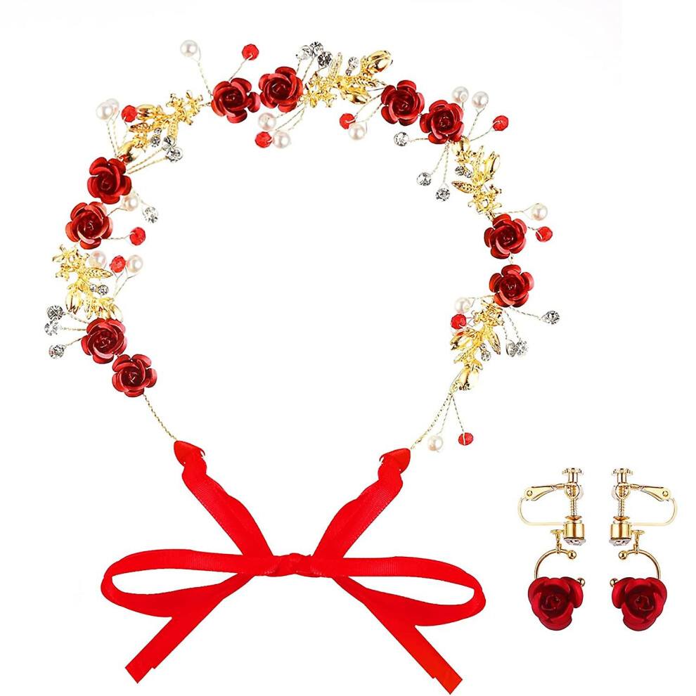 Flower Headpiece Crowns Headband Earrings Jewelry Set Bride Wedding Red Tiaras White Crystal Rhinestone Pearl Headwear Long Vines Rose Girl Women Chri