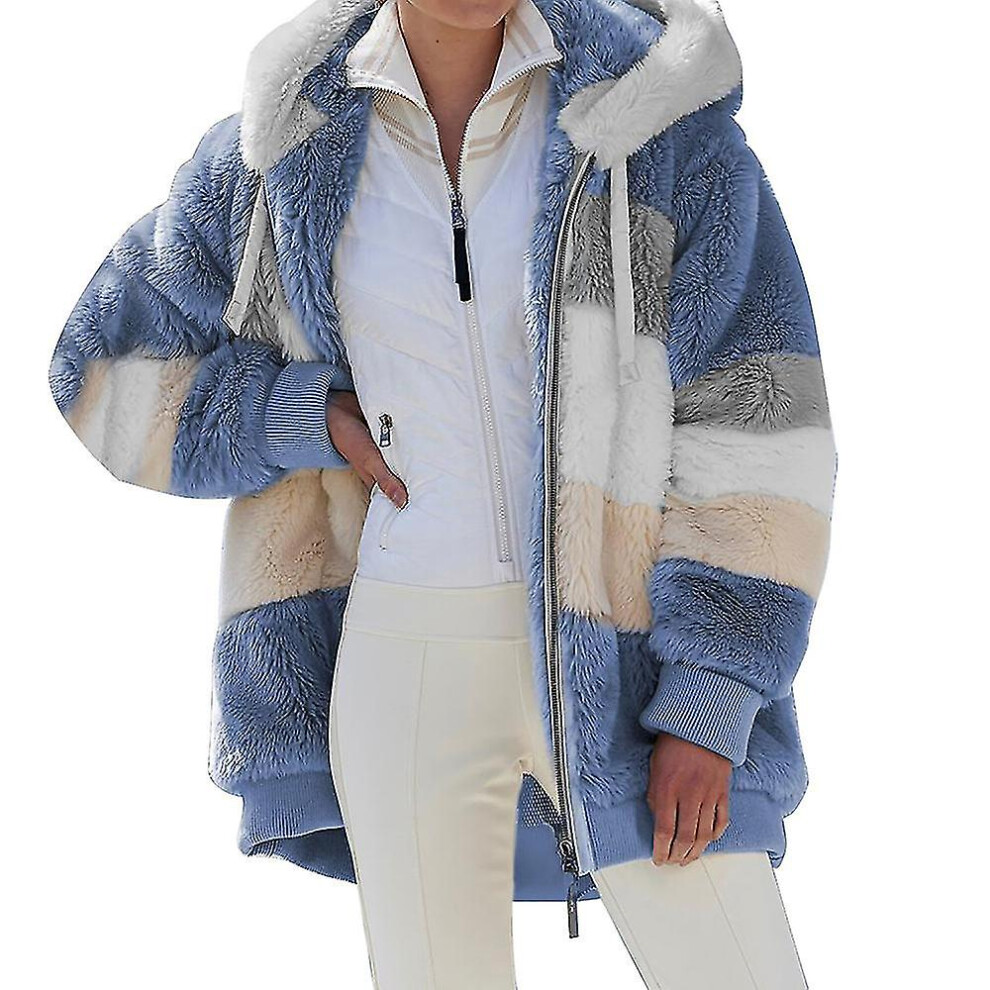 (Blue, M) Women Colourblock Long Sleeve Hooded Teddy Bear Fleece Jacket Winter Warm Coat