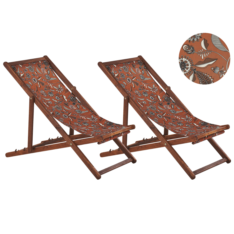 Set of 2 Folding Deck Chairs ANZIO with Replacement Fabrics Floral Motif Acacia Wood Dark Brown