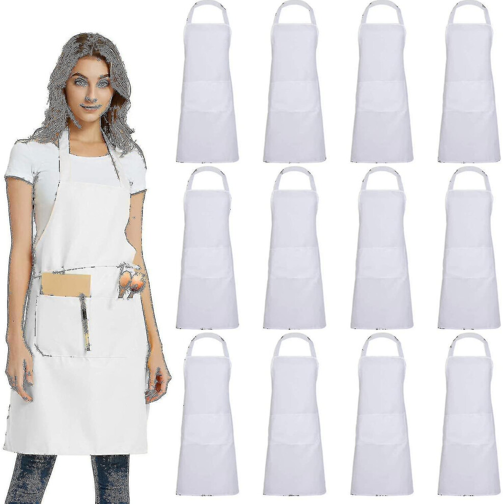 (White) 12 Pack Plain Bib Aprons With 2 Pockets - Black Unisex Commercial Apron Bulk