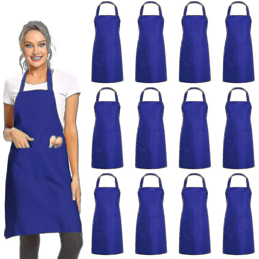 (Blue) 12 Pack Plain Bib Aprons With 2 Pockets - Black Unisex Commercial Apron Bulk