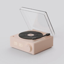 (Pink) Retro Vinyl Wireless Bluetooth Speaker Alarm Clock Small Record Player Portable