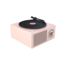(pink) Retro Vinyl Wireless Bluetooth Speaker Alarm Clock Small Record Player Portable