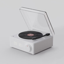 (White) Retro Vinyl Wireless Bluetooth Speaker Alarm Clock Small Record Player Portable