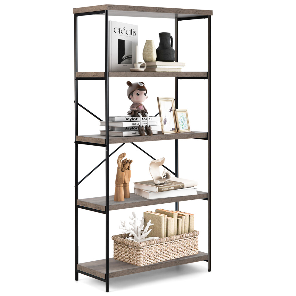 5-Tier Bookshelf Industrial Wood w/ Metal Frame Standing Display Grey