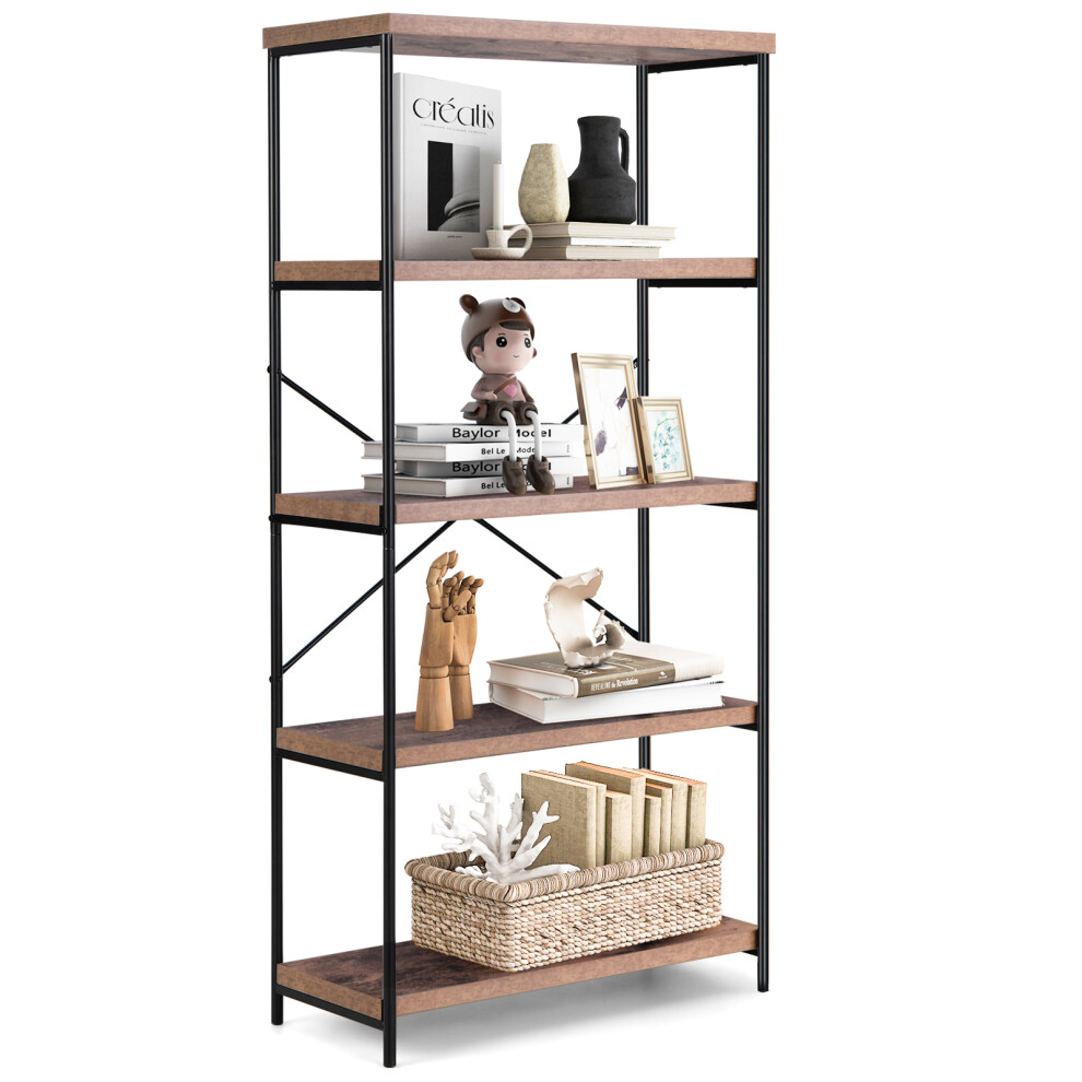 5-Tier Bookshelf Industrial Wood w/ Metal Frame Standing Display Brown