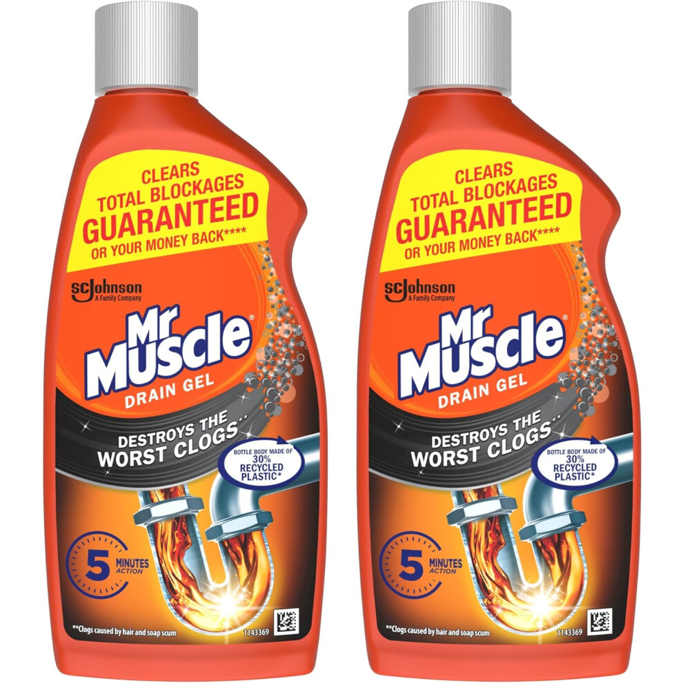 Mr Muscle Drain Unblocker Sink Drain Cleaner Fast Acting Heavy Duty Gel Dissolves Clogs Works 3x Better Than Bleach Safe All Pipes Duo Pack 2x500ml