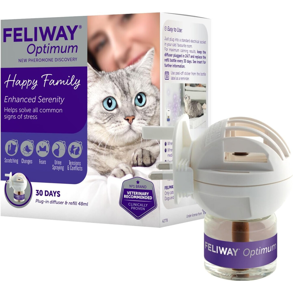 FELIWAY Optimum diffuser & 30 day refill, the best solution to ease cat anxiety, cat conflict and stress in the home, 48 ml (Pack of 1)