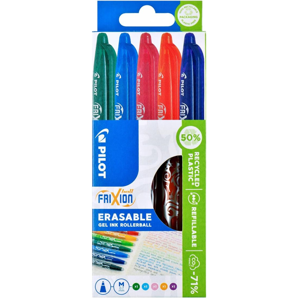 Pilot Frixion Erasable Rollerball 0.7 mm (Pack of 5) - Orange/ Light Blue/ Green/ Purple/ Pink