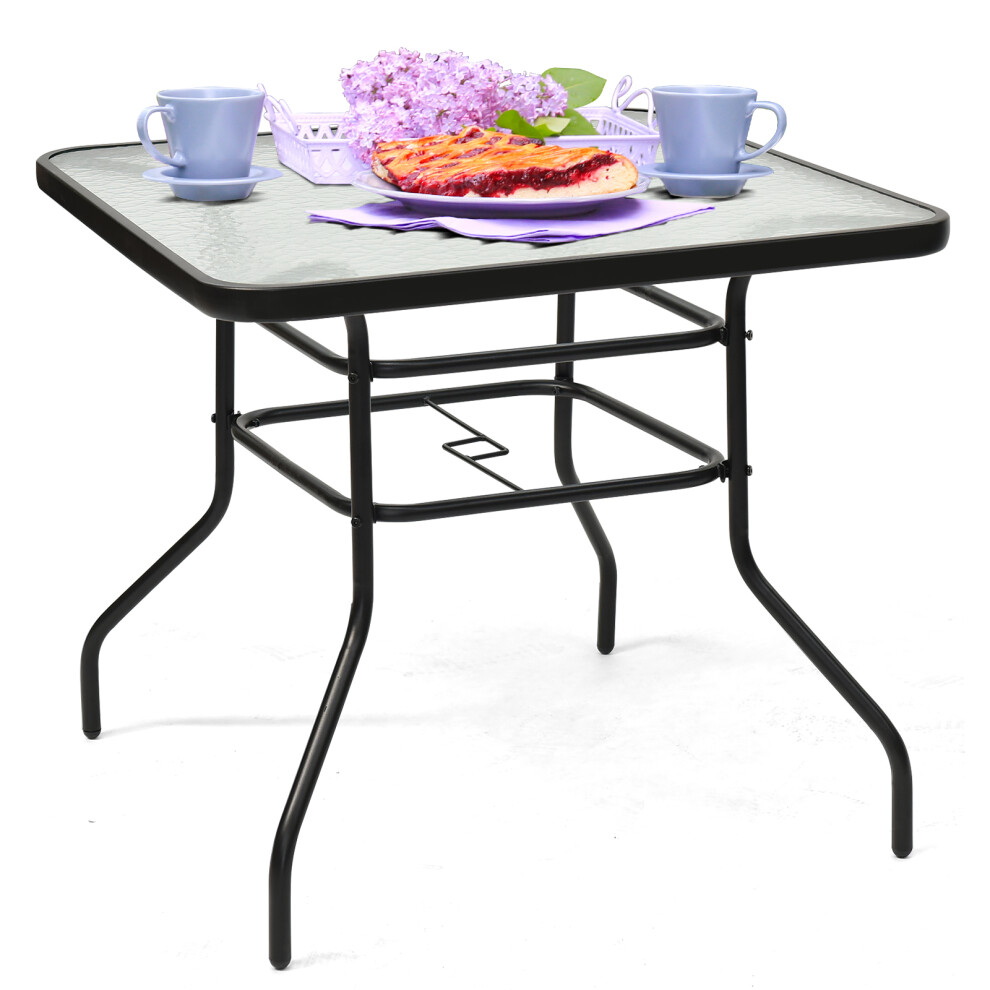 80cm Patio Table Rectangle Metal w/ Glass Top & Umbrella Hole