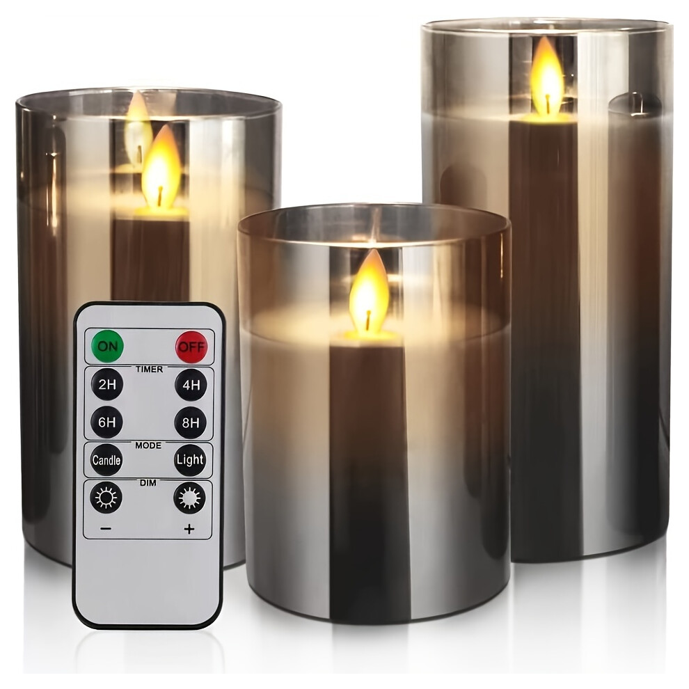 Flemye (3Pcs/Pack) Flameless Candles With Remote Control Timer - Realistic Flickering Pillar Candles Set In Glass Effec Gray
