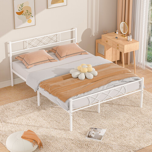 (White, Double) Metal Bed Frame with Headboard Footboard Modern