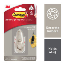 3M Command Small Metal Wall Mounted Hook Brushed Nickel Finish