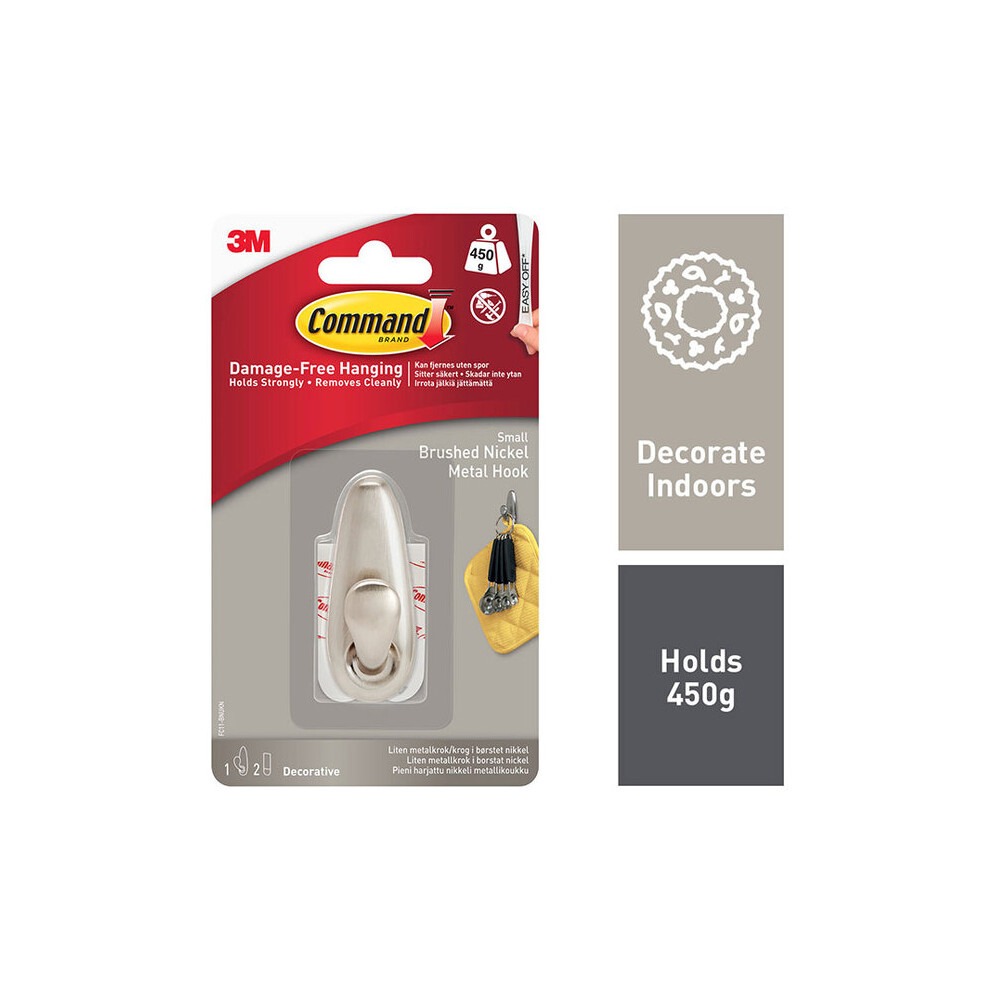 3M Command Small Metal Wall Mounted Hook Brushed Nickel Finish