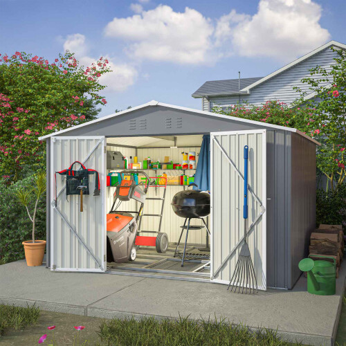 (10X8FT, Grey) Birchtree Steel Apex Garden Shed | Metal Garden Tool Shed