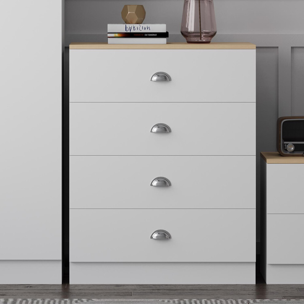 4 Drawer Chest of Drawers Matt White Modern Bedroom Furniture Cup Style Handles