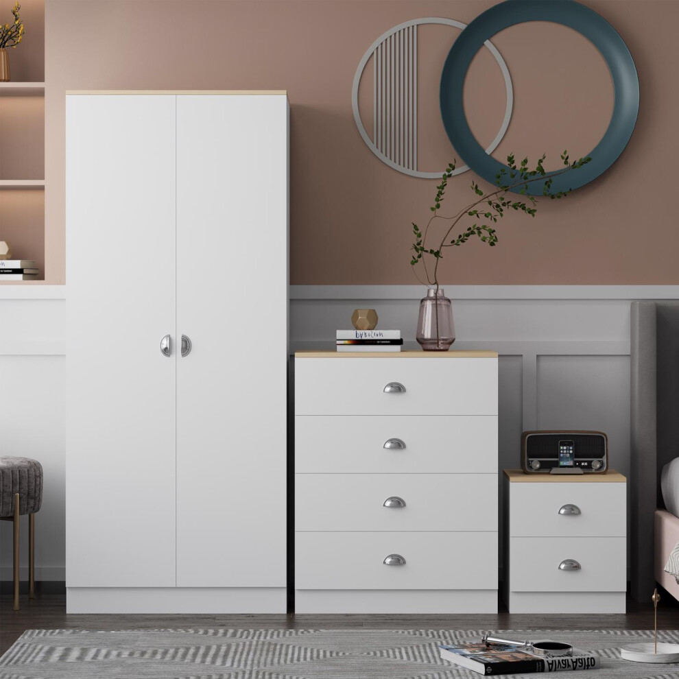 3 Piece White Bedroom Furniture Set Chest of Drawers Wardrobe Bedside Table