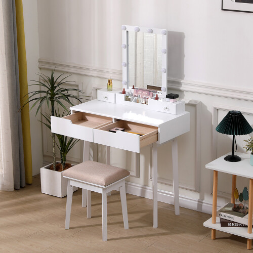 Living And Home Modern Makeup Desk Set with Lighted Mirror and Stool 1