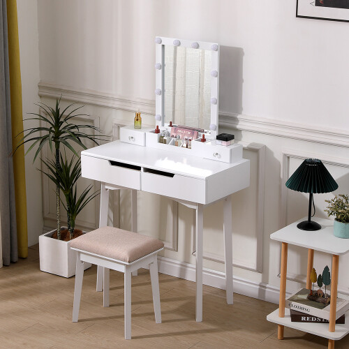 Living And Home Modern Makeup Desk Set with Lighted Mirror and Stool